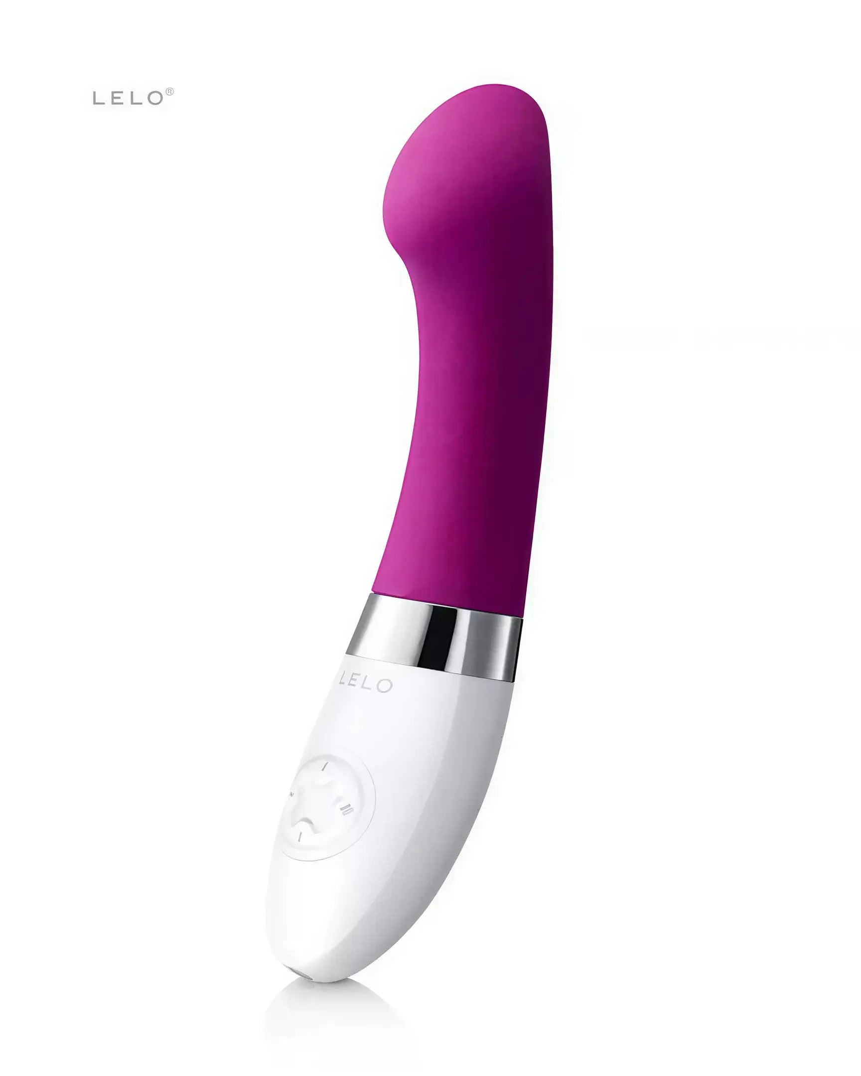 Lelo Gigi 2 G-spot vibrator in vibrant pink with a curved tip and white base, featuring control buttons.