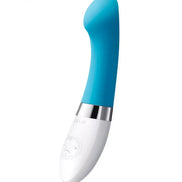 Lelo Gigi 2 G-spot vibrator in teal and white with a curved design and control buttons on the base.
