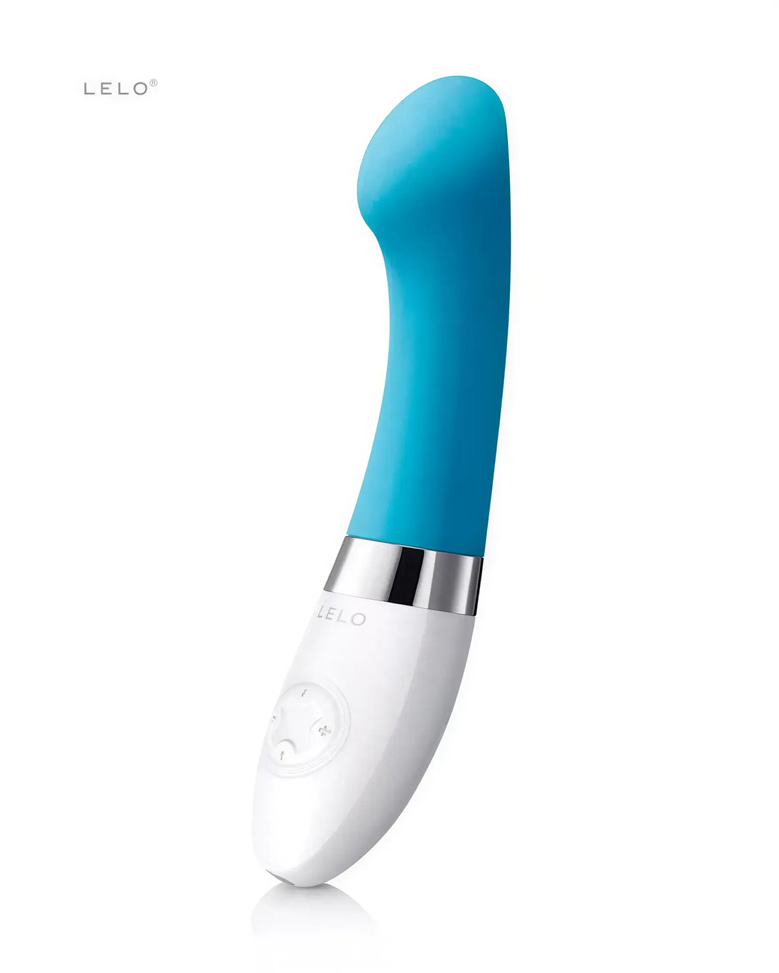 Lelo Gigi 2 G-spot vibrator in teal and white with a curved design and control buttons on the base.