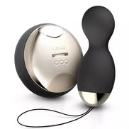 Lelo Hula Beads in black silicone with a shiny gold base and a charging case, displayed on a white background.