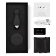 Lelo Hula Beads in a black box with a USB charger, warranty card, and storage pouch.