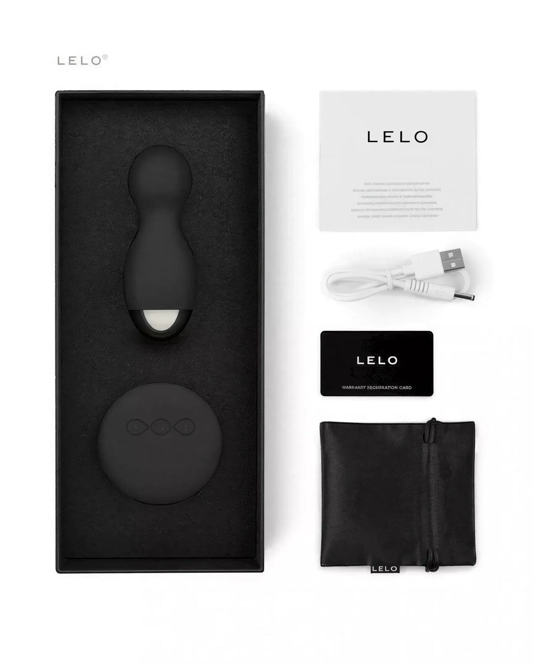 Lelo Hula Beads in a black box with a USB charger, warranty card, and storage pouch.