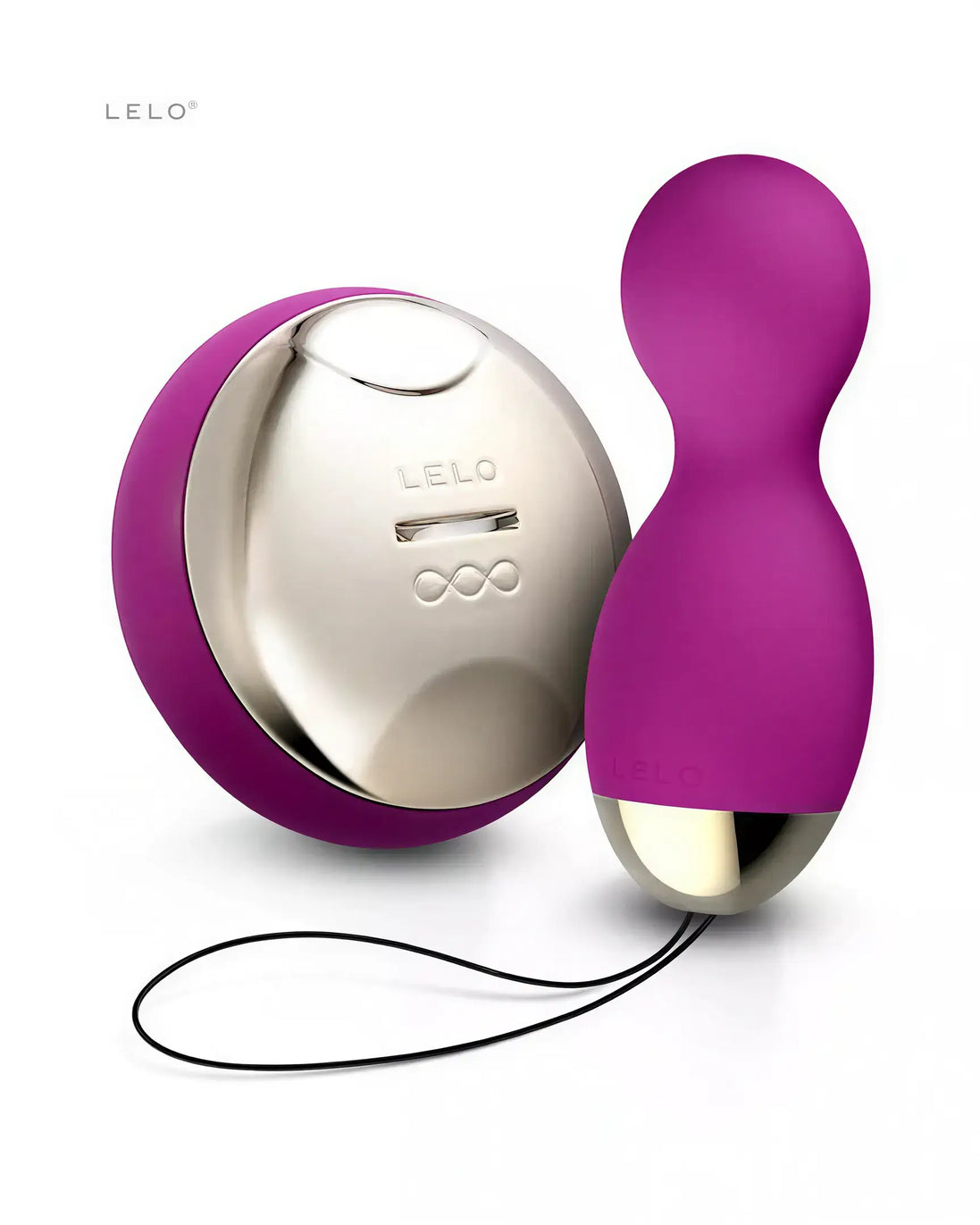 Lelo Hula Beads in vibrant purple with a sleek design, featuring a round remote control and a textured bead.