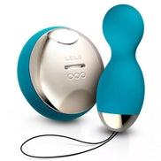 Lelo Hula Beads in turquoise with a silver base, featuring a remote control and a smooth, rounded design.