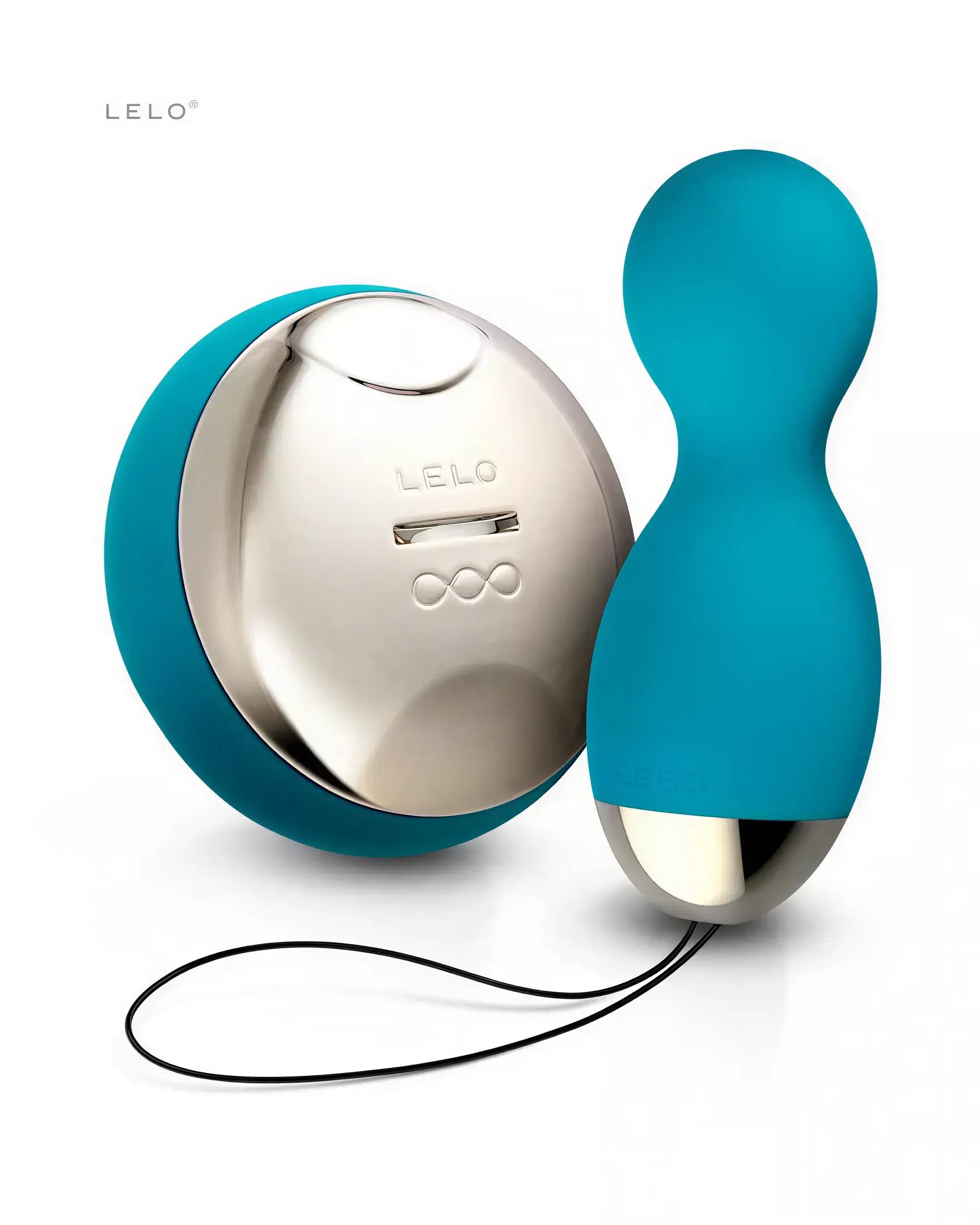 Lelo Hula Beads in turquoise with a silver base, featuring a remote control and a smooth, rounded design.