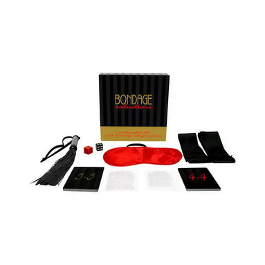 Bondage Seductions game set featuring a black and red box, dice, cards, a blindfold, and a whip.