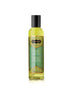 Kama Sutra Aromatic Massage Oil Soaring Spirit in a clear bottle with a black cap, featuring green and gold labeling.