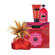 Kama Sutra Treasure Trove set featuring a red pouch, strawberry cream lotion, and body wash in pink packaging.