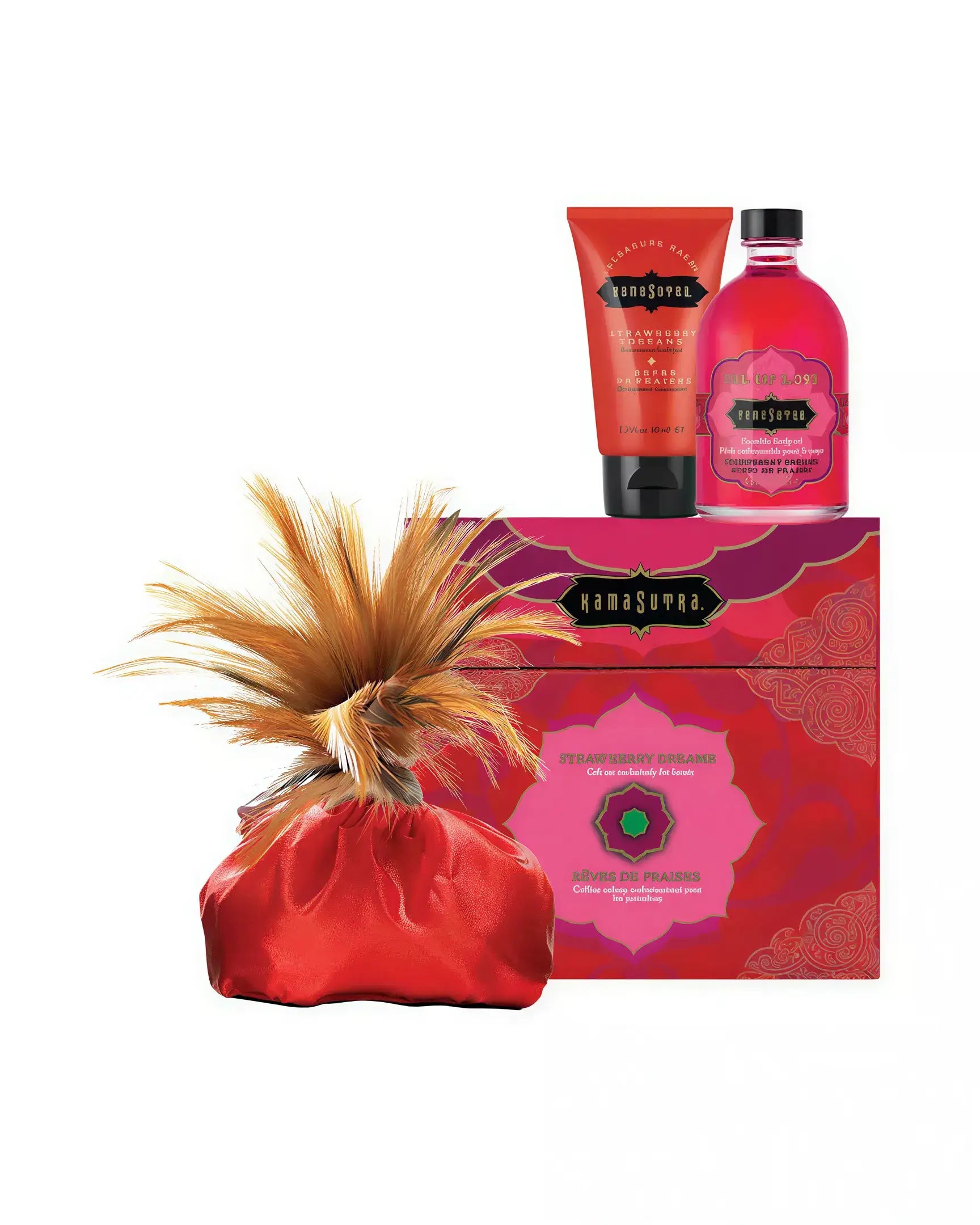 Kama Sutra Treasure Trove set featuring a red pouch, strawberry cream lotion, and body wash in pink packaging.