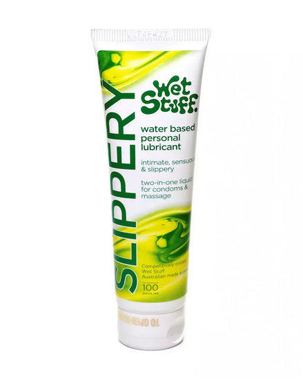 Wet Stuff Slippery Stuff lubricant in a 100g tube with green and yellow design, labeled as water-based and suitable for ma...