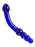Lucent blueberry glass massager with a curved design and three textured beads, showcasing a vibrant blue color.