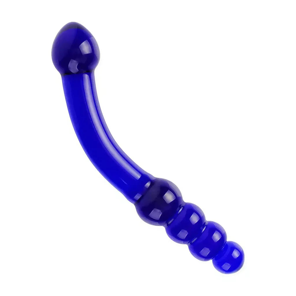 Lucent blueberry glass massager with a curved design and three textured beads, showcasing a vibrant blue color.