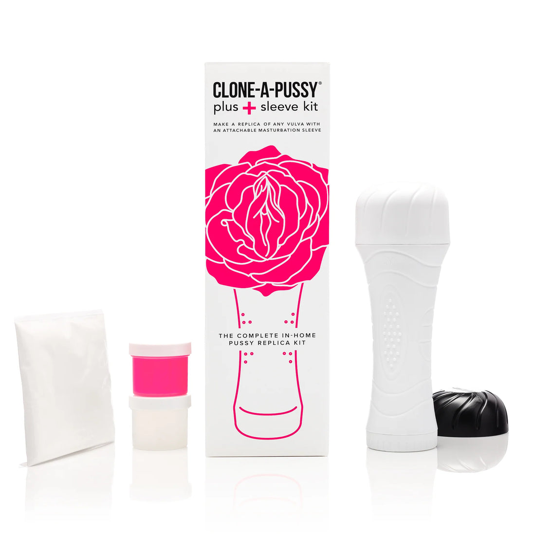 Clone A Pussy Plus sleeve kit in hot pink, featuring a white replica sleeve, containers, and instructional packaging.