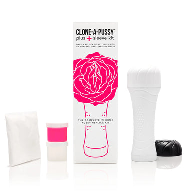Clone A Pussy Plus sleeve kit in hot pink, featuring a white replica sleeve, containers, and instructional packaging.