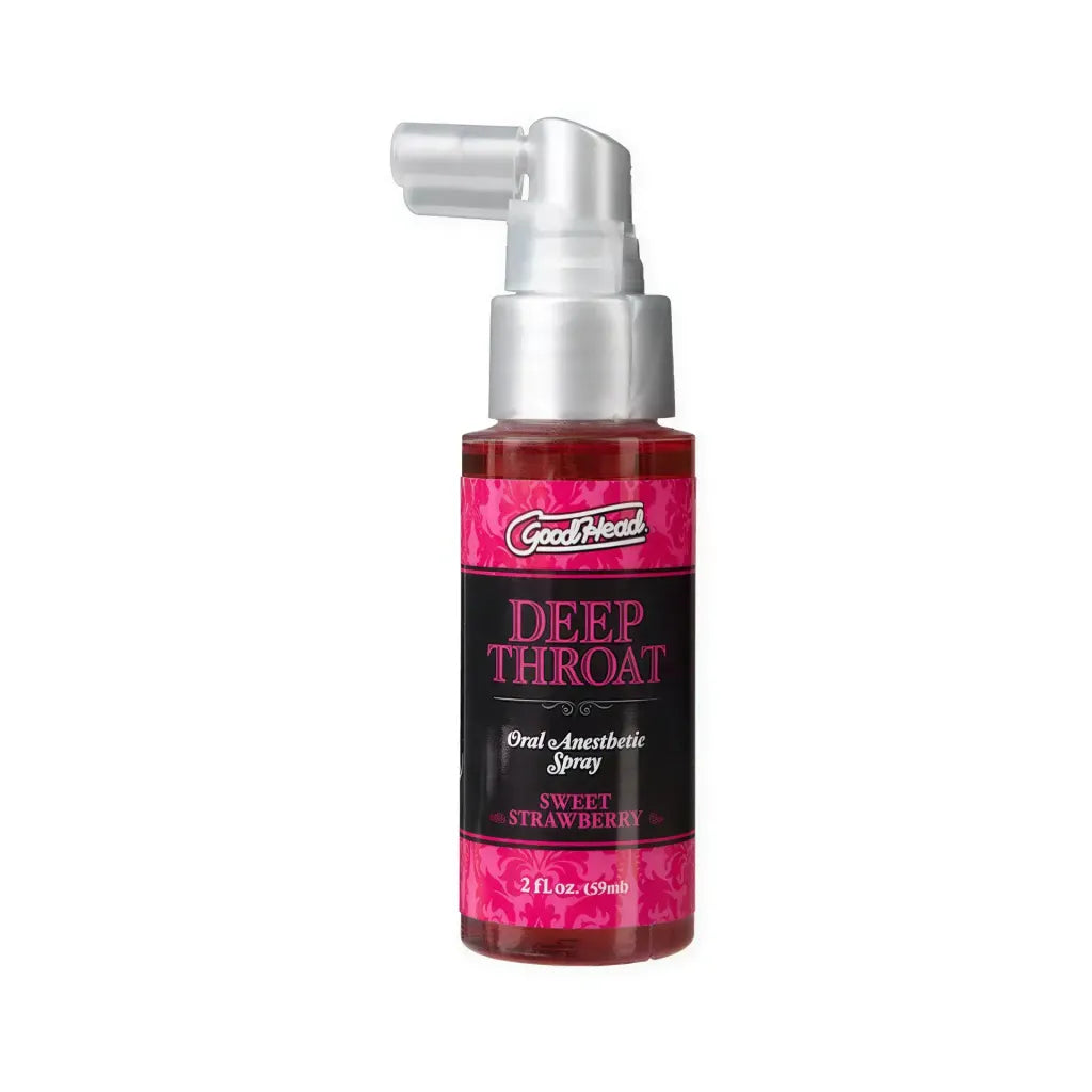 Doc Johnson Goodhead Deep Throat Spray in a 2 oz bottle, featuring a pink label with black text and a spray nozzle.