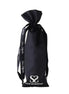 Tall black satin toy storage bag with a drawstring closure and "Share Satisfaction" logo printed in white.