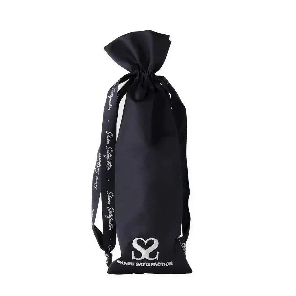 Tall black satin toy storage bag with a drawstring closure and "Share Satisfaction" logo printed in white.
