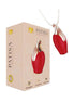 Patina necklace vibrator in red and gold, displayed with its packaging on a white background.
