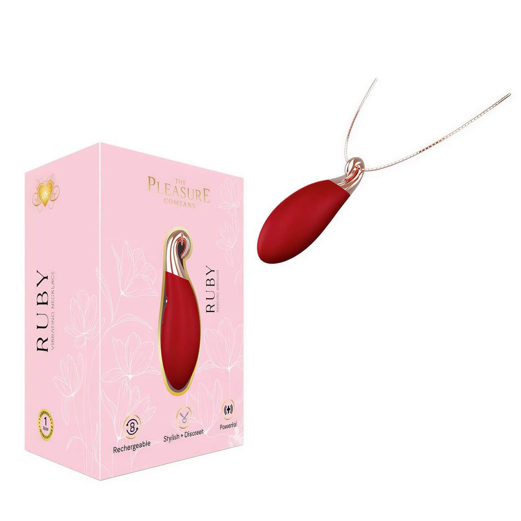 Ruby necklace vibrator in red with gold accents, displayed alongside its pink packaging.