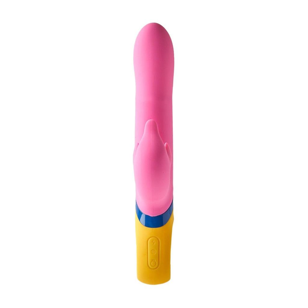 Pink Hanu rabbit vibrator with a yellow base and blue accents, featuring dual stimulation design and control buttons.