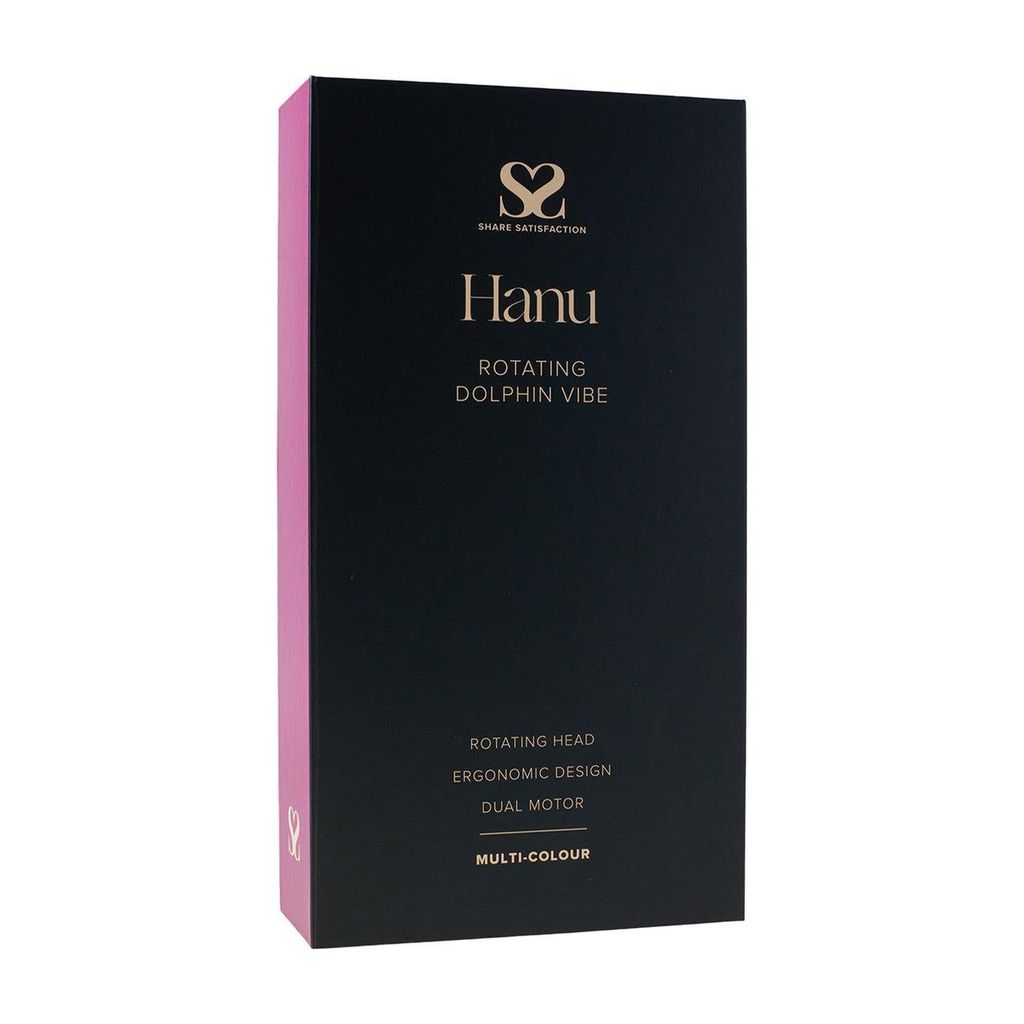Share Satisfaction Hanu Rabbit Vibrator packaging in black with gold text, featuring a rotating dolphin vibe design.
