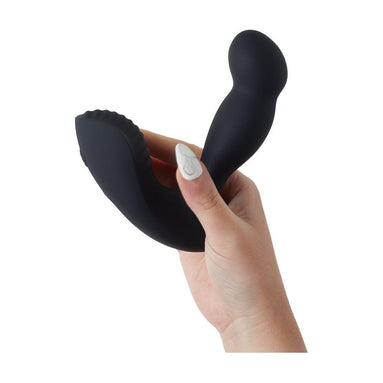 Black Share Satisfaction Boi anal vibrator held in a hand, featuring a curved design and textured grip.