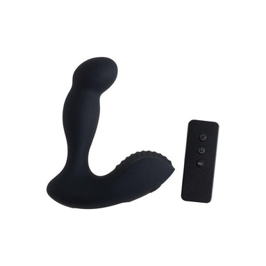 Black Share Satisfaction Boi anal vibrator with a curved design and remote control, featuring textured grip and buttons.