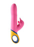 Pink and yellow Hanu rabbit vibrator with a curved shaft and a small clitoral stimulator.