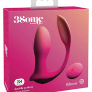 3Some Double Ecstasy silicone vibrator in a pink and purple box with a handle and remote control illustration.