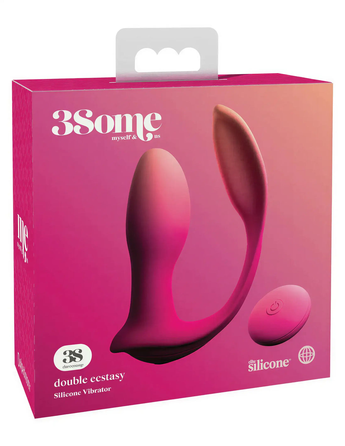 3Some Double Ecstasy silicone vibrator in a pink and purple box with a handle and remote control illustration.