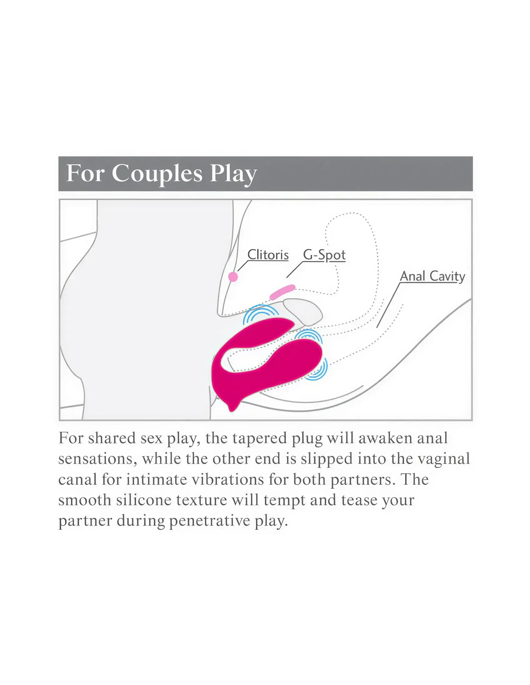 3Some Double Ecstasy, a tapered silicone sex toy designed for couples, highlighting clitoral and G-spot stimulation.